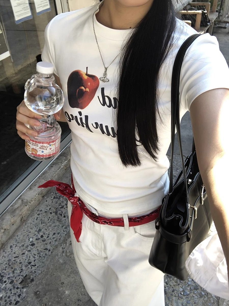 【1*1纯棉 常规款】印花正肩常规短袖 高弹力新款夏季修身显