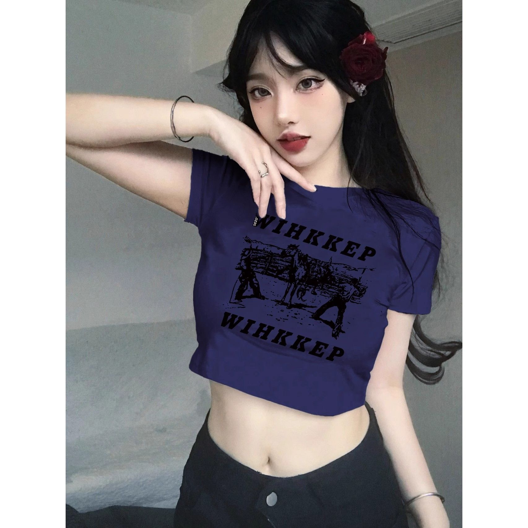 1*1纯棉 高弹力新款夏季短袖短款搭配高腰裤修身显瘦洋气上衣