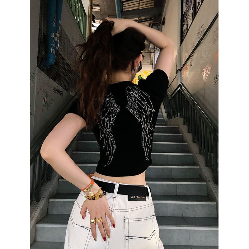 1*1纯棉 高弹力天使翅膀显瘦辣妹短款T恤上衣女碎钻打底衫