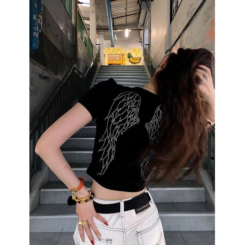 1*1纯棉 高弹力天使翅膀显瘦辣妹短款T恤上衣女碎钻打底衫