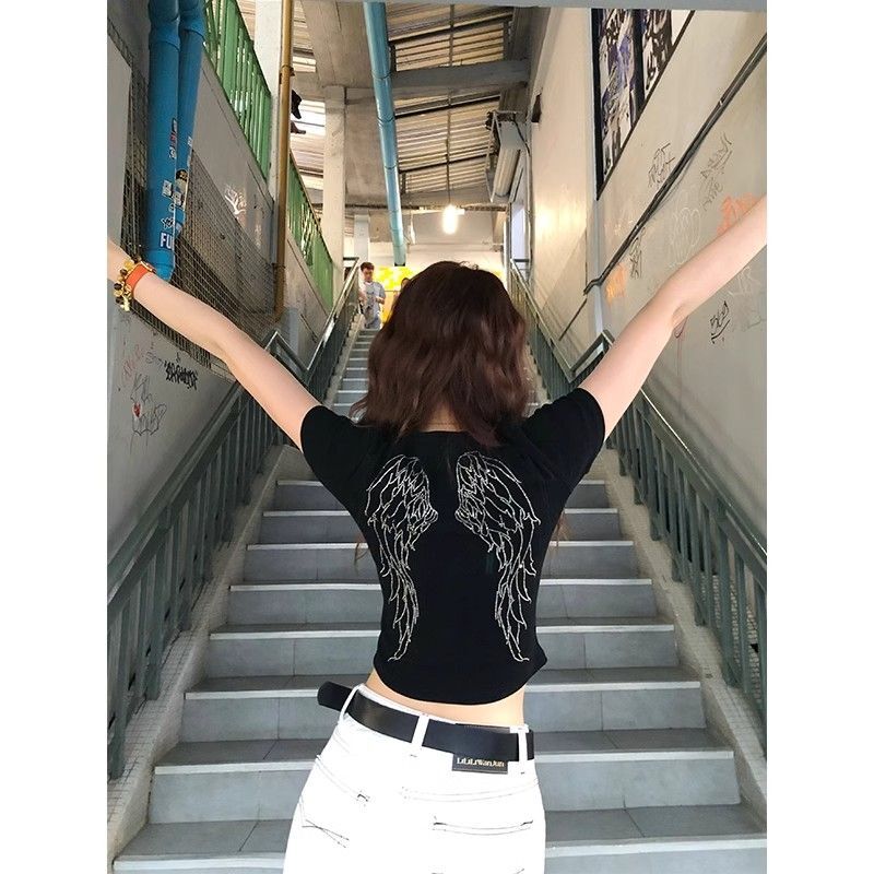 1*1纯棉 高弹力天使翅膀显瘦辣妹短款T恤上衣女碎钻打底衫
