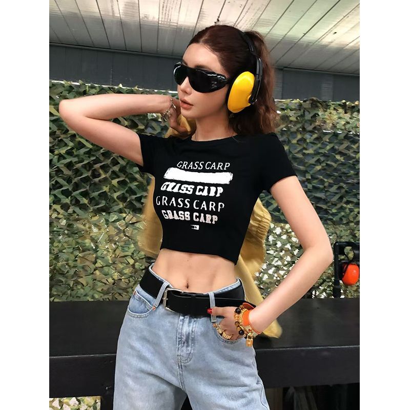 1*1纯棉 高弹力新款夏季短袖短款搭配高腰裤修身显瘦洋气上衣