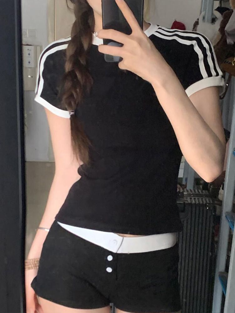 【1*1纯棉 常规款】正肩常规短袖 高弹力新款夏季修身三条杠