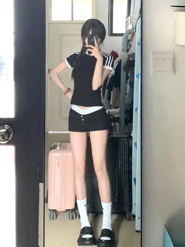 【1*1纯棉 常规款】正肩常规短袖 高弹力新款夏季修身三条杠