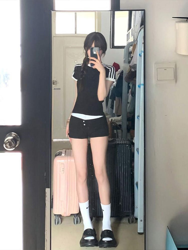 【1*1纯棉 常规款】正肩常规短袖 高弹力新款夏季修身三条杠