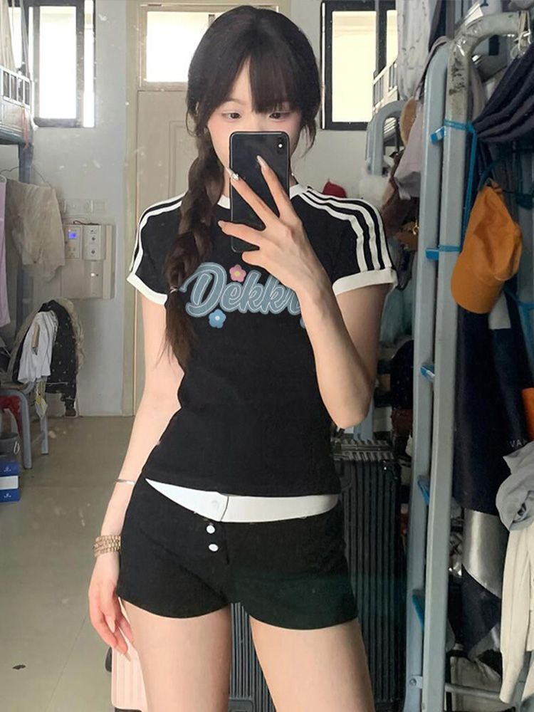 【1*1纯棉 常规款】正肩常规短袖 高弹力新款夏季修身三条杠 【1*1纯棉 常规款】正肩常规短袖 高弹力新款夏季修身三条杠