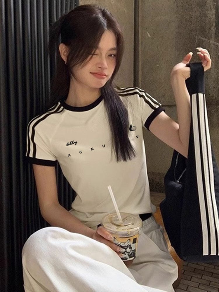 【1*1纯棉 常规款】正肩常规短袖 高弹力新款夏季修身三条杠 【1*1纯棉 常规款】正肩常规短袖 高弹力新款夏季修身三条杠