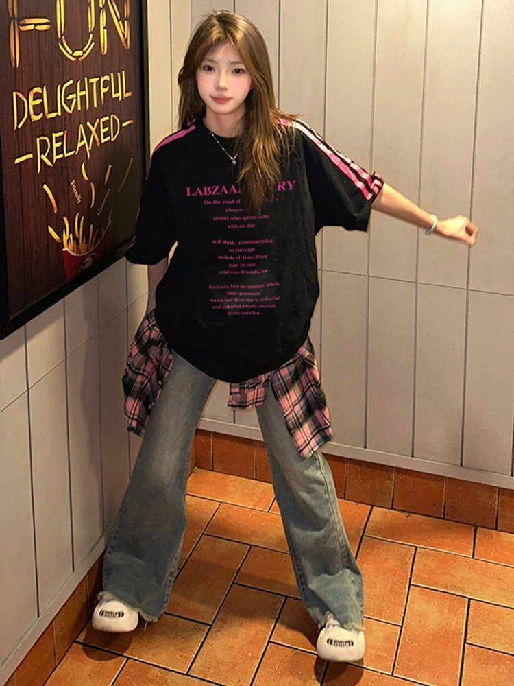 高品质纯棉精梳紧密100%棉宽松短袖t恤三条杠宽松T恤