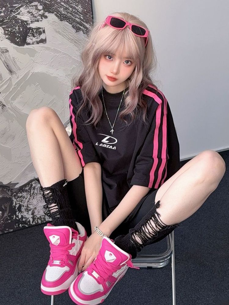 高品质纯棉精梳紧密100%棉宽松短袖t恤三条杠宽松T恤