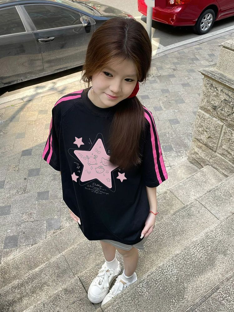 高品质纯棉精梳紧密100%棉宽松短袖t恤三条杠宽松T恤