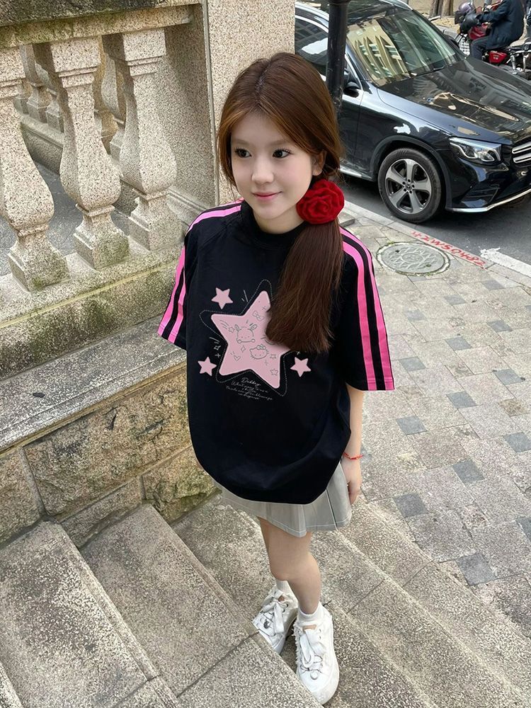 高品质纯棉精梳紧密100%棉宽松短袖t恤三条杠宽松T恤