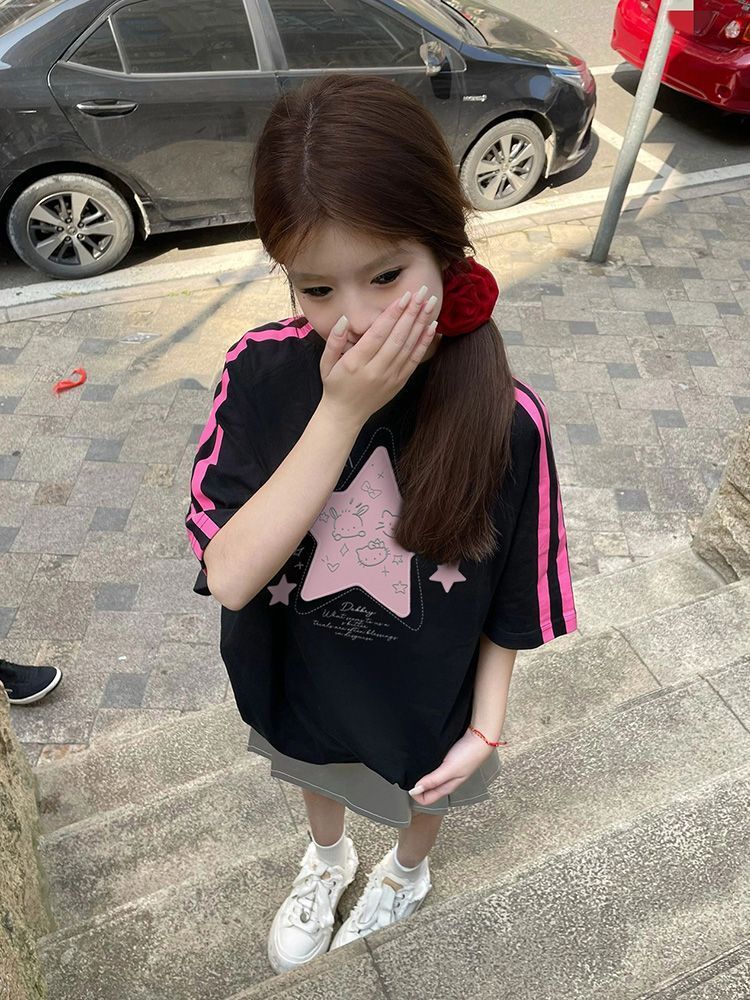 高品质纯棉精梳紧密100%棉宽松短袖t恤三条杠宽松T恤