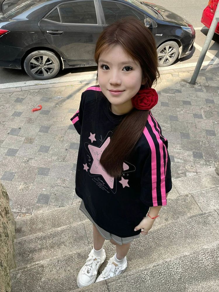 高品质纯棉精梳紧密100%棉宽松短袖t恤三条杠宽松T恤