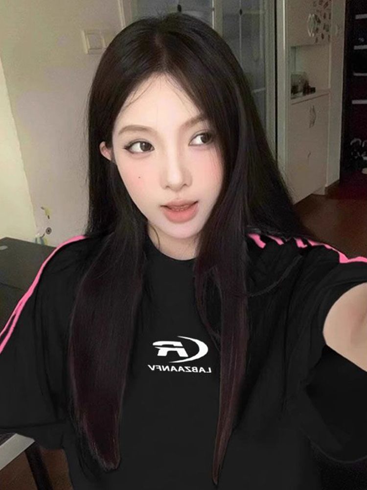 高品质纯棉精梳紧密100%棉宽松短袖t恤三条杠宽松T恤