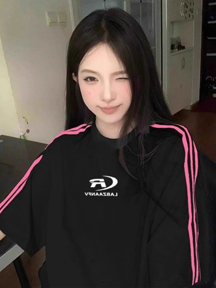 高品质纯棉精梳紧密100%棉宽松短袖t恤三条杠宽松T恤