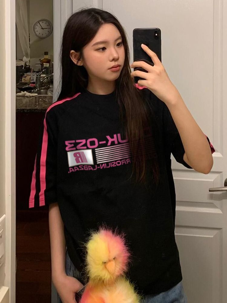 高品质纯棉精梳紧密100%棉宽松短袖t恤三条杠宽松T恤