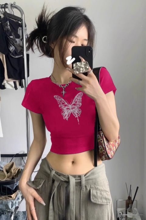 1*1纯棉 高弹力新款夏季短袖短款搭配高腰裤修身显瘦洋气上衣