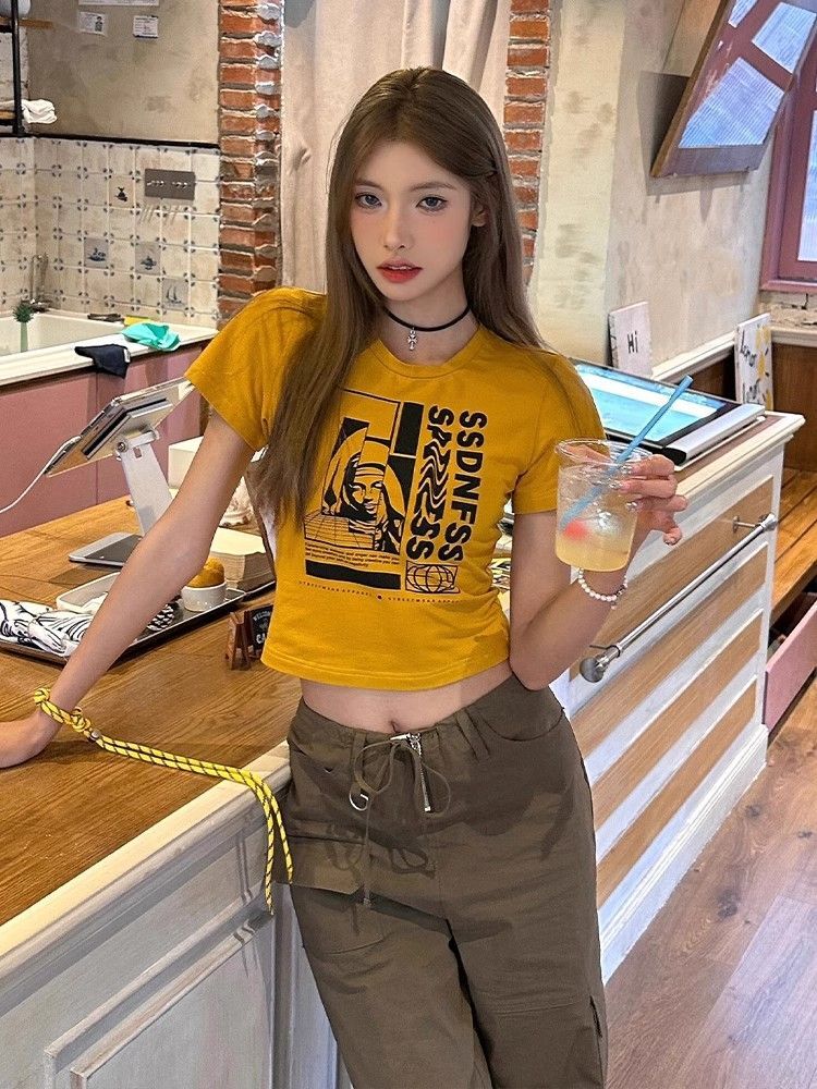 1*1纯棉 高弹力新款夏季短袖短款搭配高腰裤修身显瘦洋气上衣