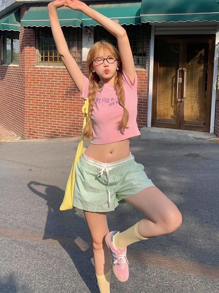 1*1纯棉 高弹力新款夏季短袖短款搭配高腰裤修身显瘦洋气上衣