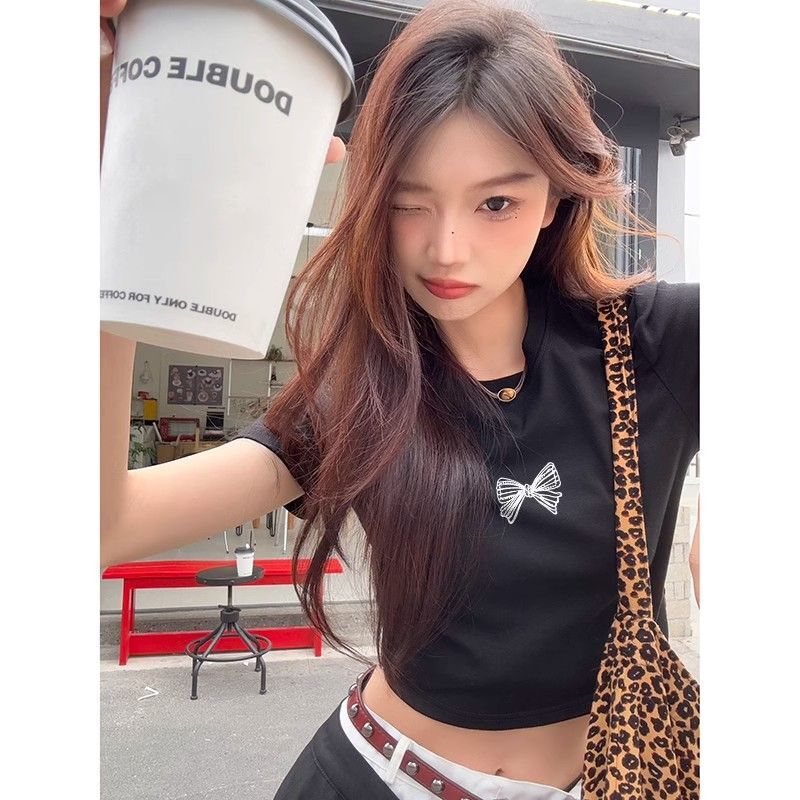 1*1纯棉 高弹力新款夏季短袖短款搭配高腰裤修身显瘦洋气上衣