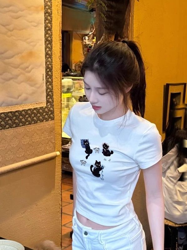 1*1纯棉 高弹力新款夏季短袖短款搭配高腰裤修身显瘦洋气上衣