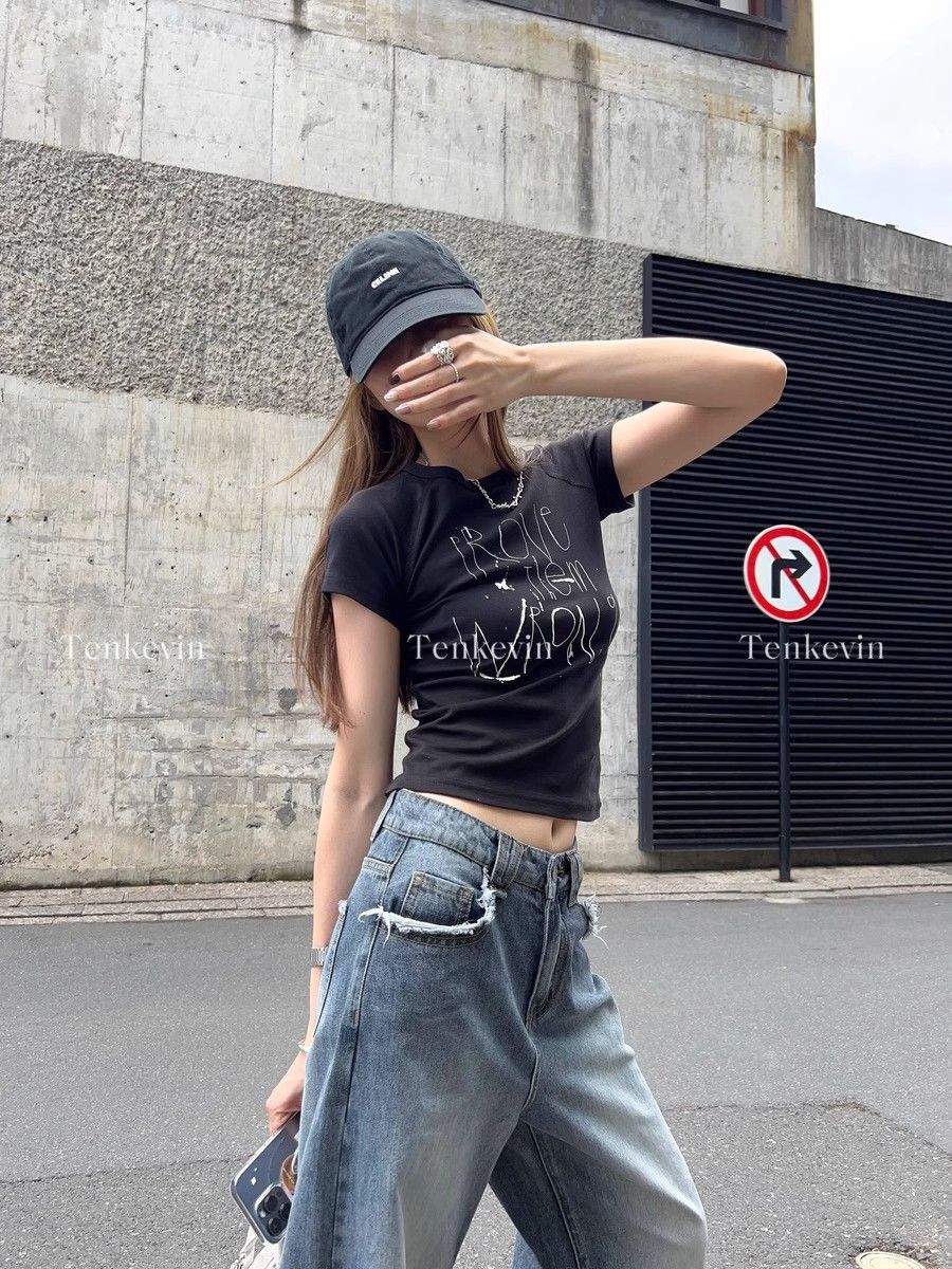 【1*1纯棉 常规款】印花正肩常规短袖 高弹力新款夏季修身显