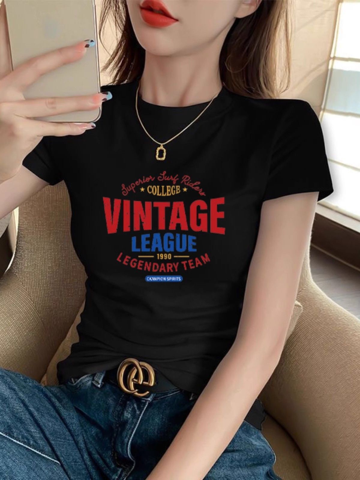 【1*1纯棉 常规款】印花正肩常规短袖 高弹力新款夏季修身显