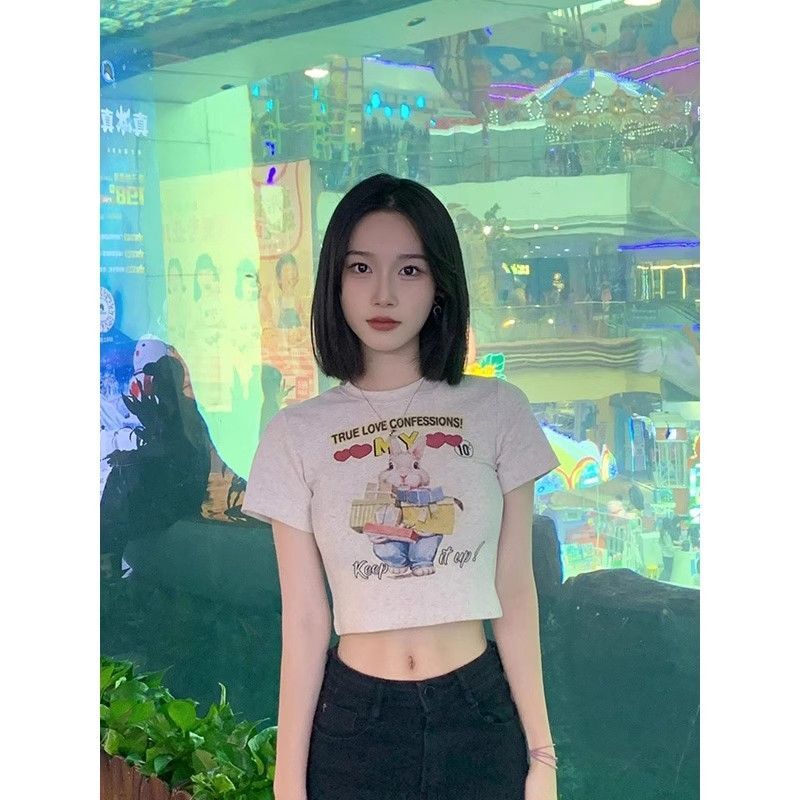 1*1纯棉 高弹力新款夏季短袖短款搭配高腰裤修身显瘦洋气上衣