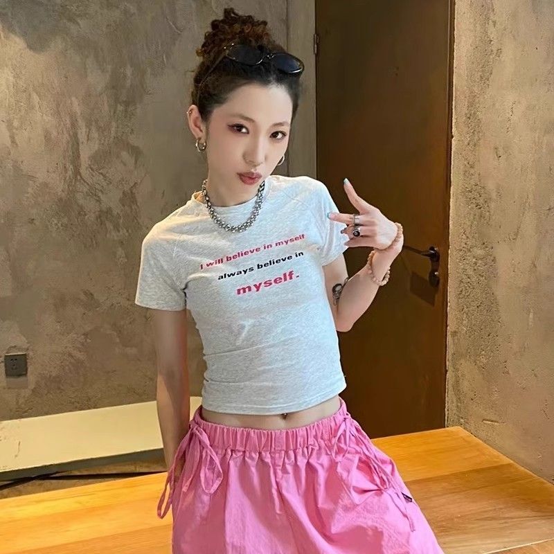 1*1纯棉 高弹力新款夏季短袖短款搭配高腰裤修身显瘦洋气上衣