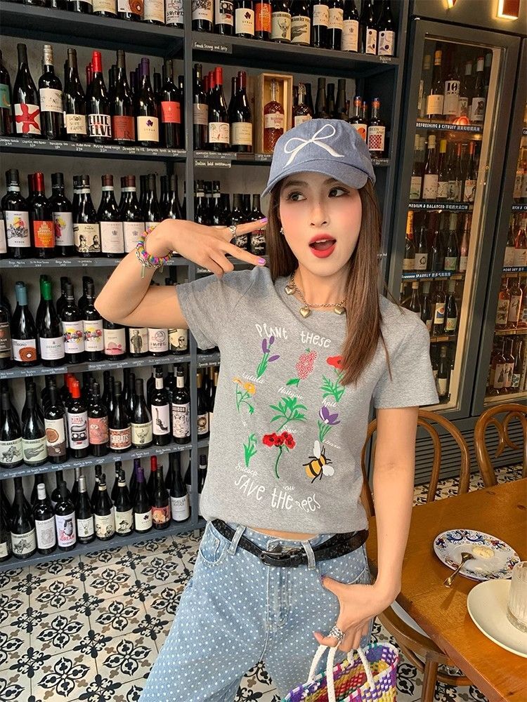 【1*1纯棉 常规款】印花正肩常规短袖 高弹力新款夏季修身显