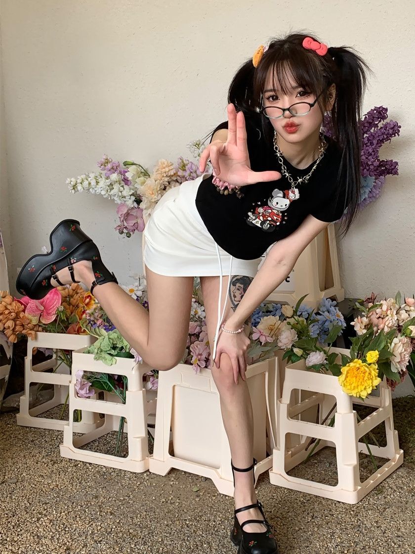 1*1纯棉 高弹力新款夏季短袖短款搭配高腰裤修身显瘦洋气上衣