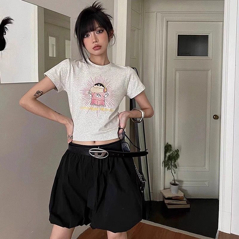 1*1纯棉 高弹力新款夏季短袖短款搭配高腰裤修身显瘦洋气上衣