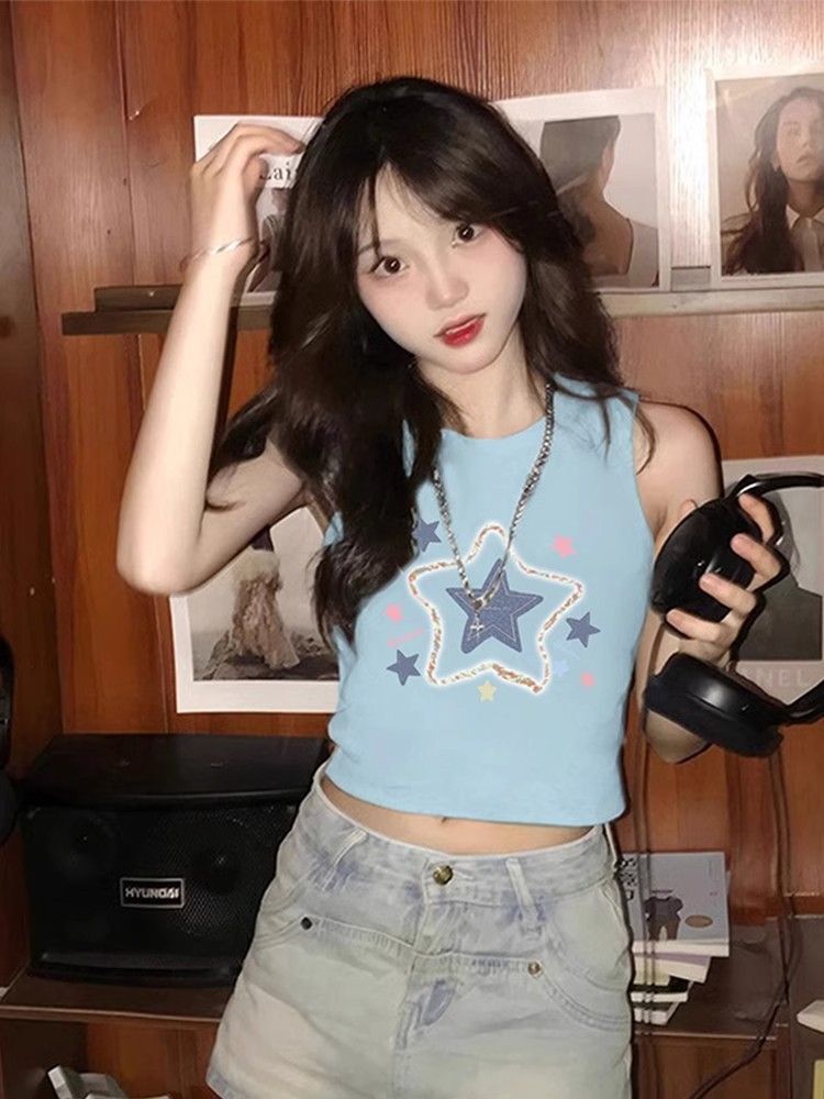 【包肩包领】夏日多巴胺穿搭无袖t恤美式短款辣妹修身显瘦小背心