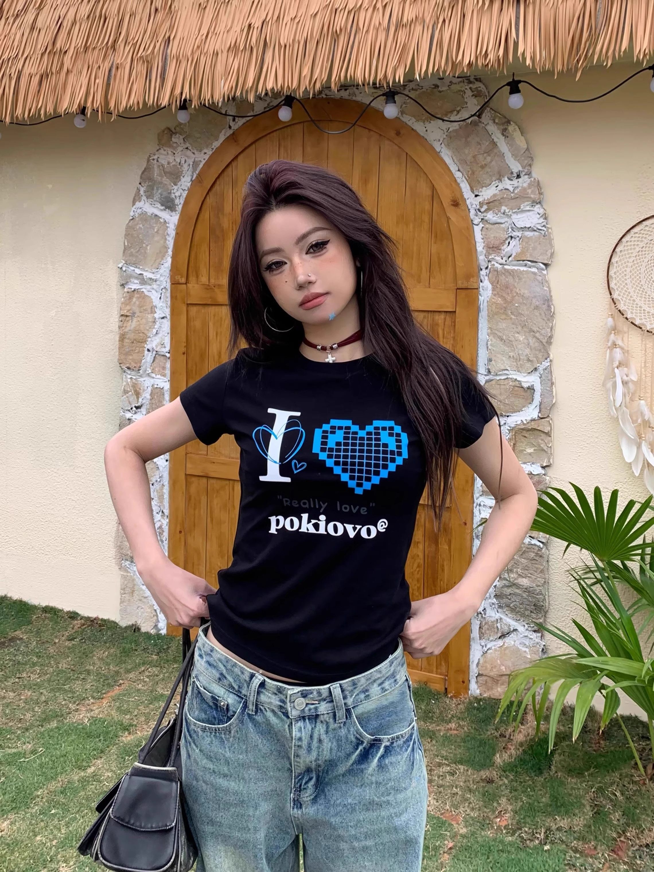 【1*1纯棉 常规款】印花正肩常规短袖 高弹力新款夏季修身显