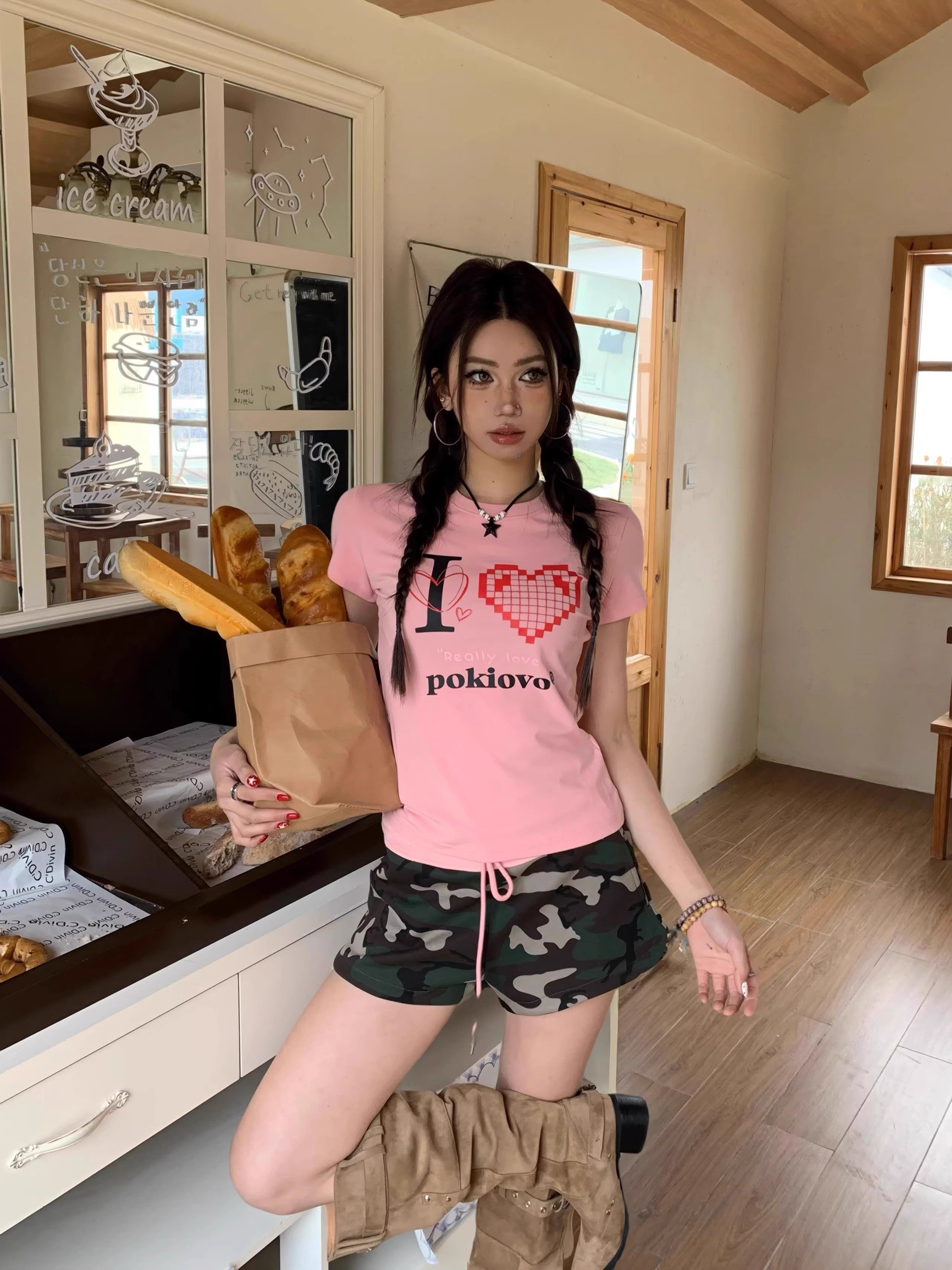 【1*1纯棉 常规款】印花正肩常规短袖 高弹力新款夏季修身显