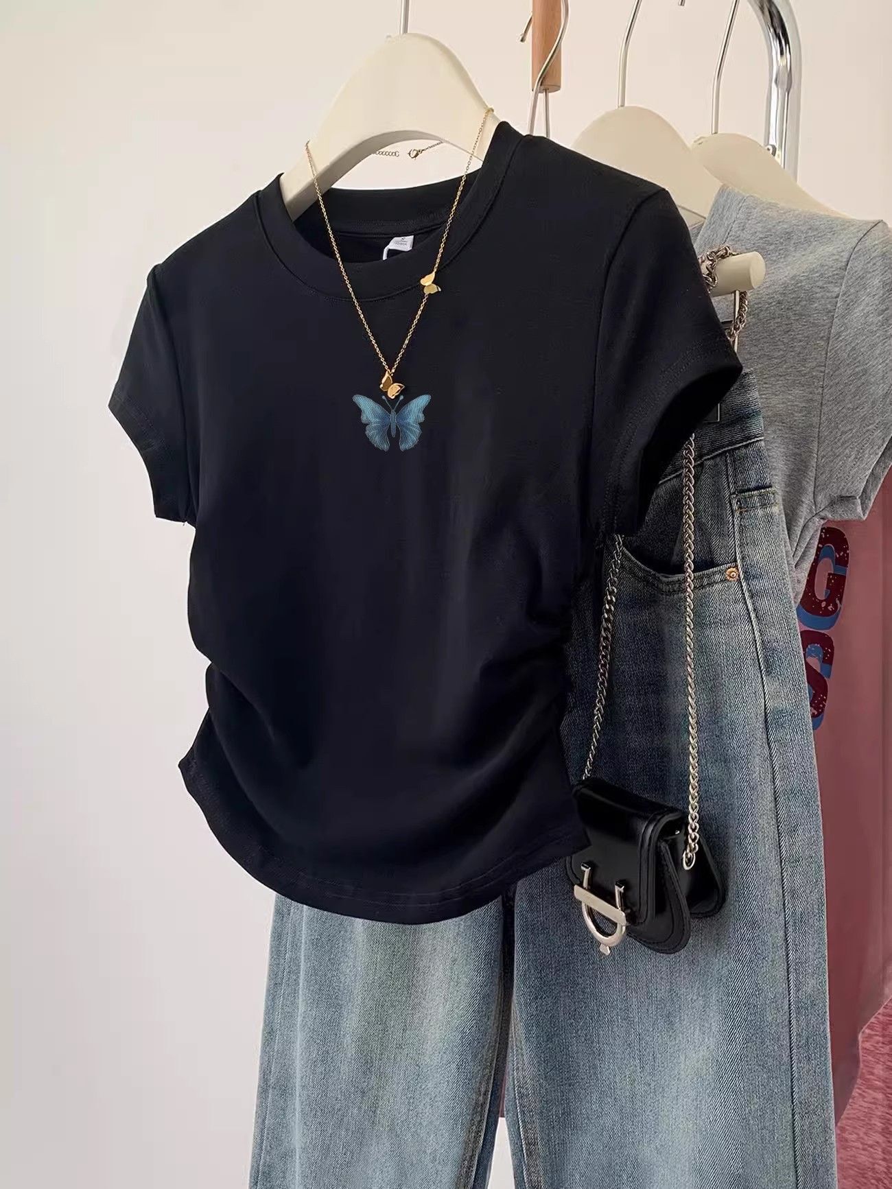 1*1纯棉 高弹力】褶皱收腰小飞袖短袖t恤女夏季新款修身T恤