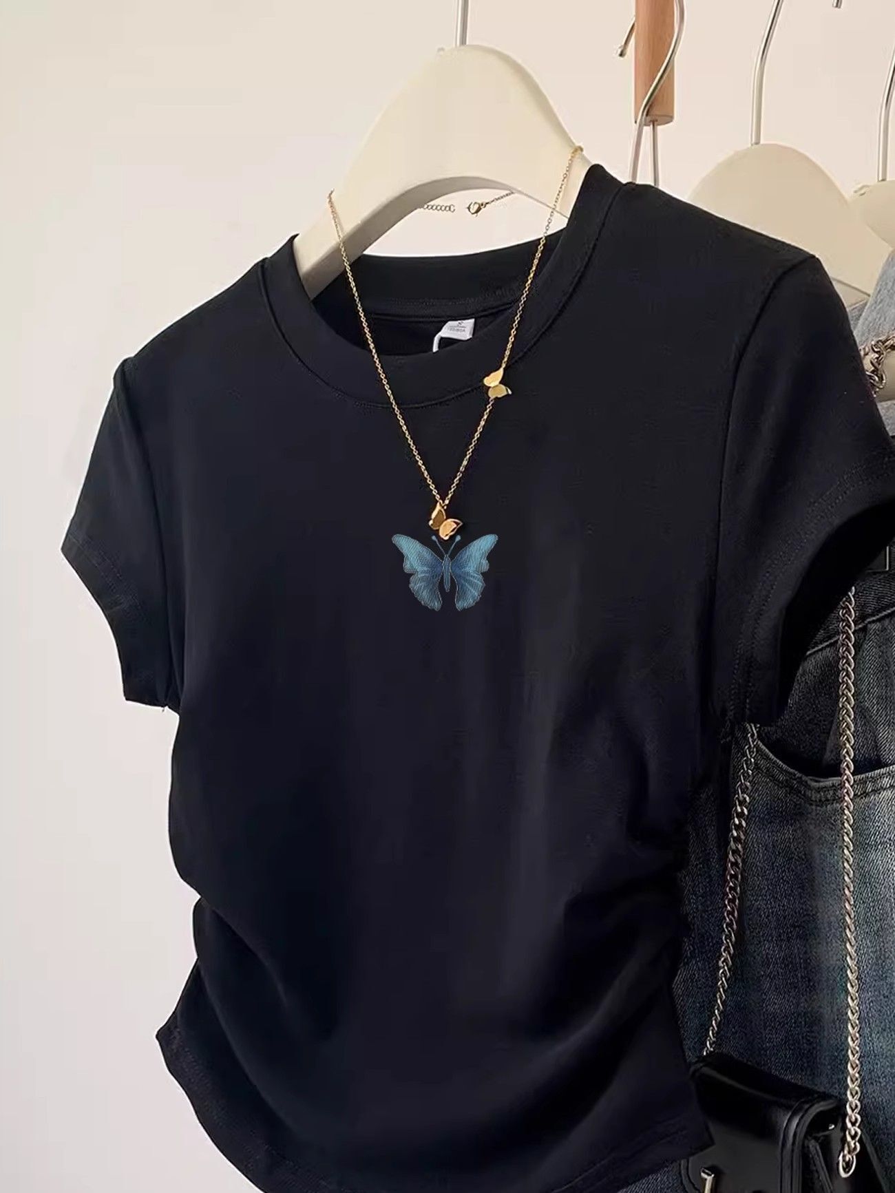 1*1纯棉 高弹力】褶皱收腰小飞袖短袖t恤女夏季新款修身T恤