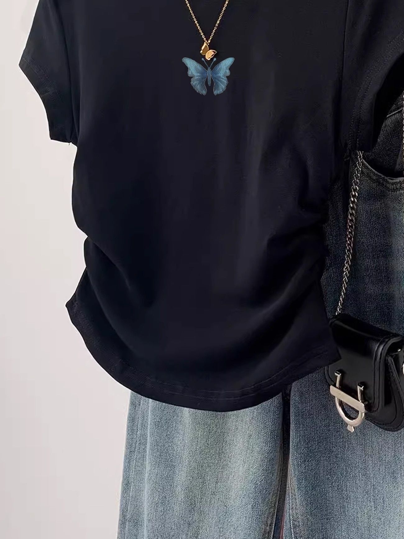 1*1纯棉 高弹力】褶皱收腰小飞袖短袖t恤女夏季新款修身T恤