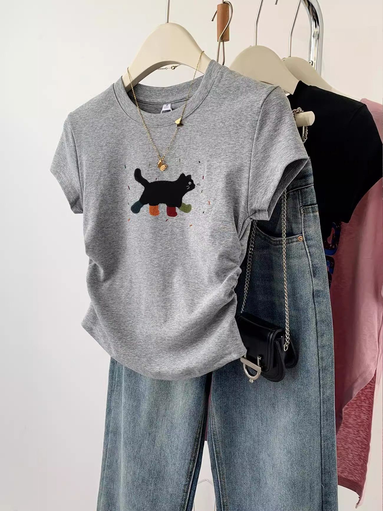 1*1纯棉 高弹力】褶皱收腰小飞袖短袖t恤女夏季新款修身T恤