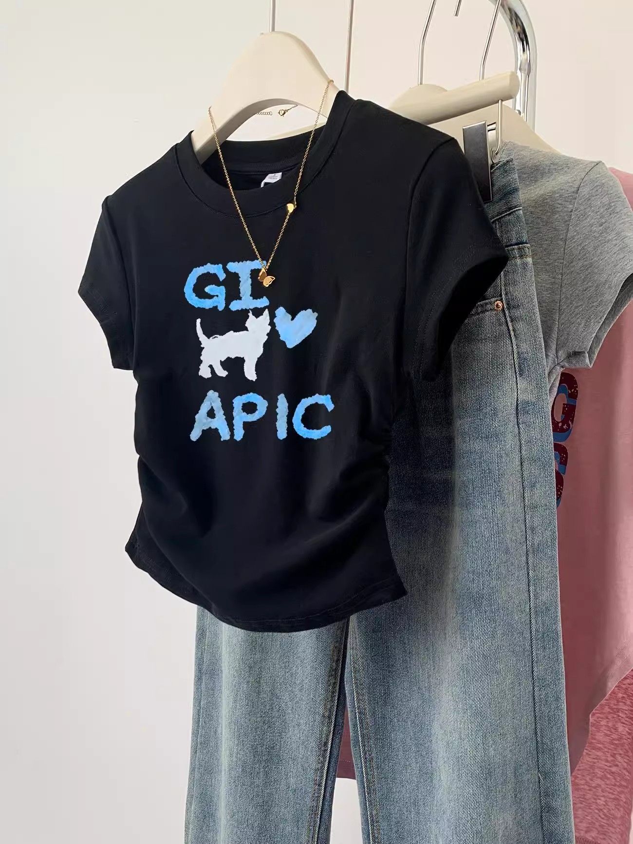 1*1纯棉 高弹力】褶皱收腰小飞袖短袖t恤女夏季新款修身T恤