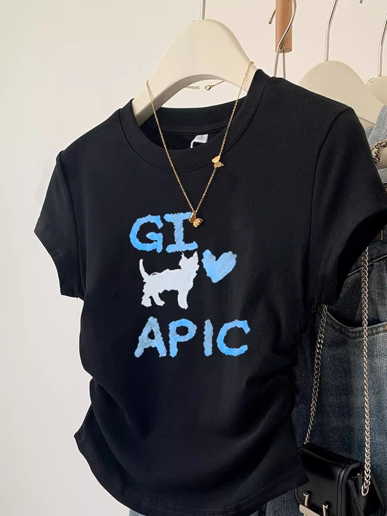 1*1纯棉 高弹力】褶皱收腰小飞袖短袖t恤女夏季新款修身T恤