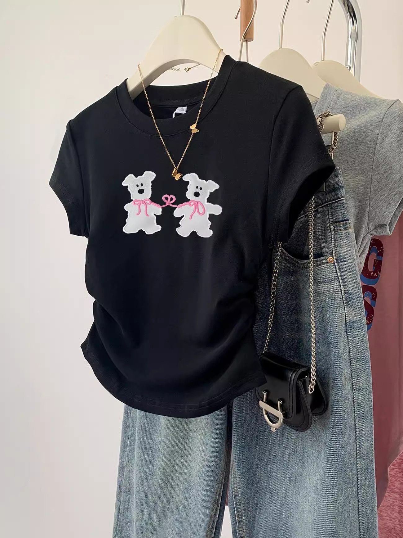 1*1纯棉 高弹力】褶皱收腰小飞袖短袖t恤女夏季新款修身T恤