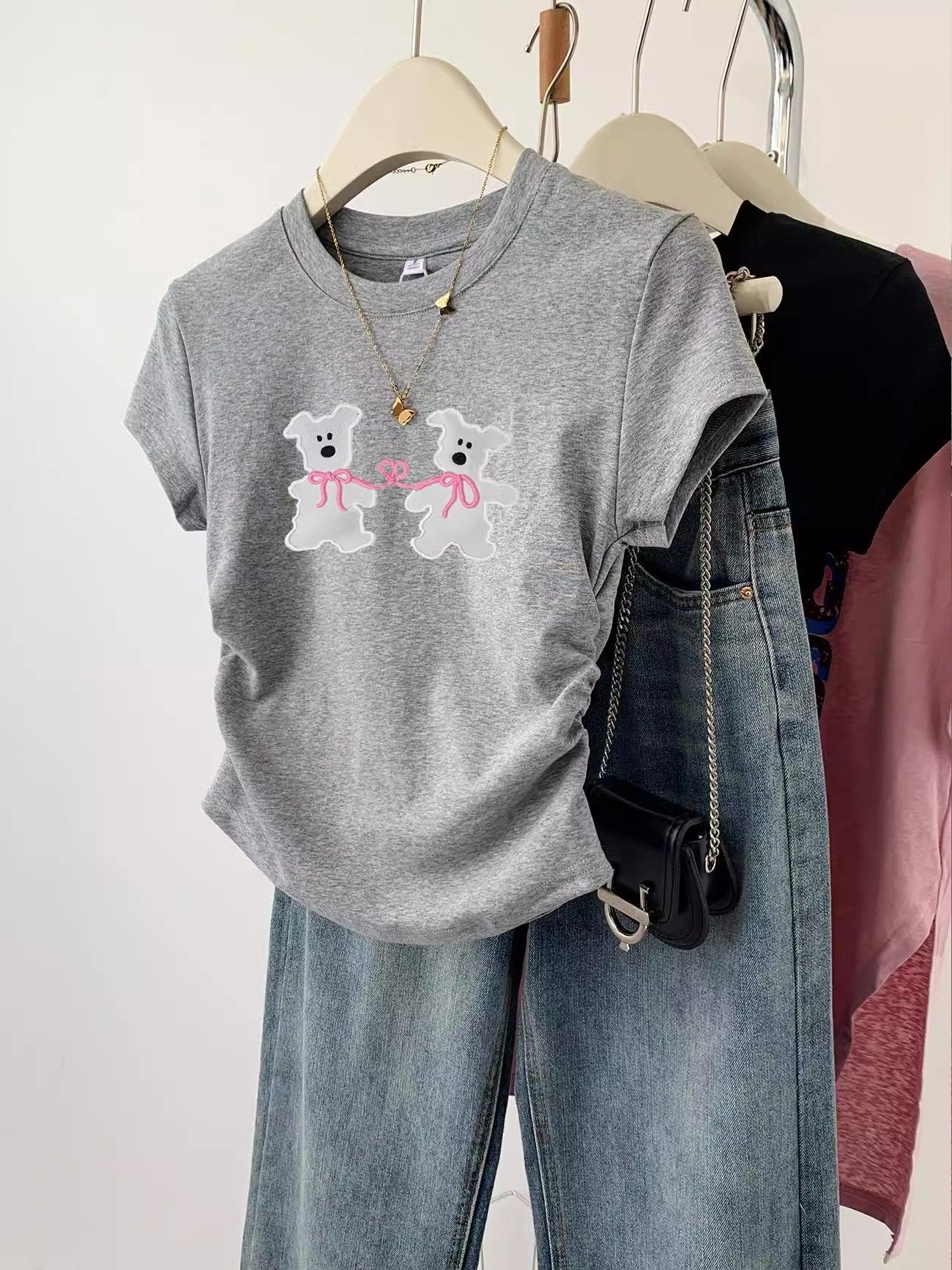 1*1纯棉 高弹力】褶皱收腰小飞袖短袖t恤女夏季新款修身T恤