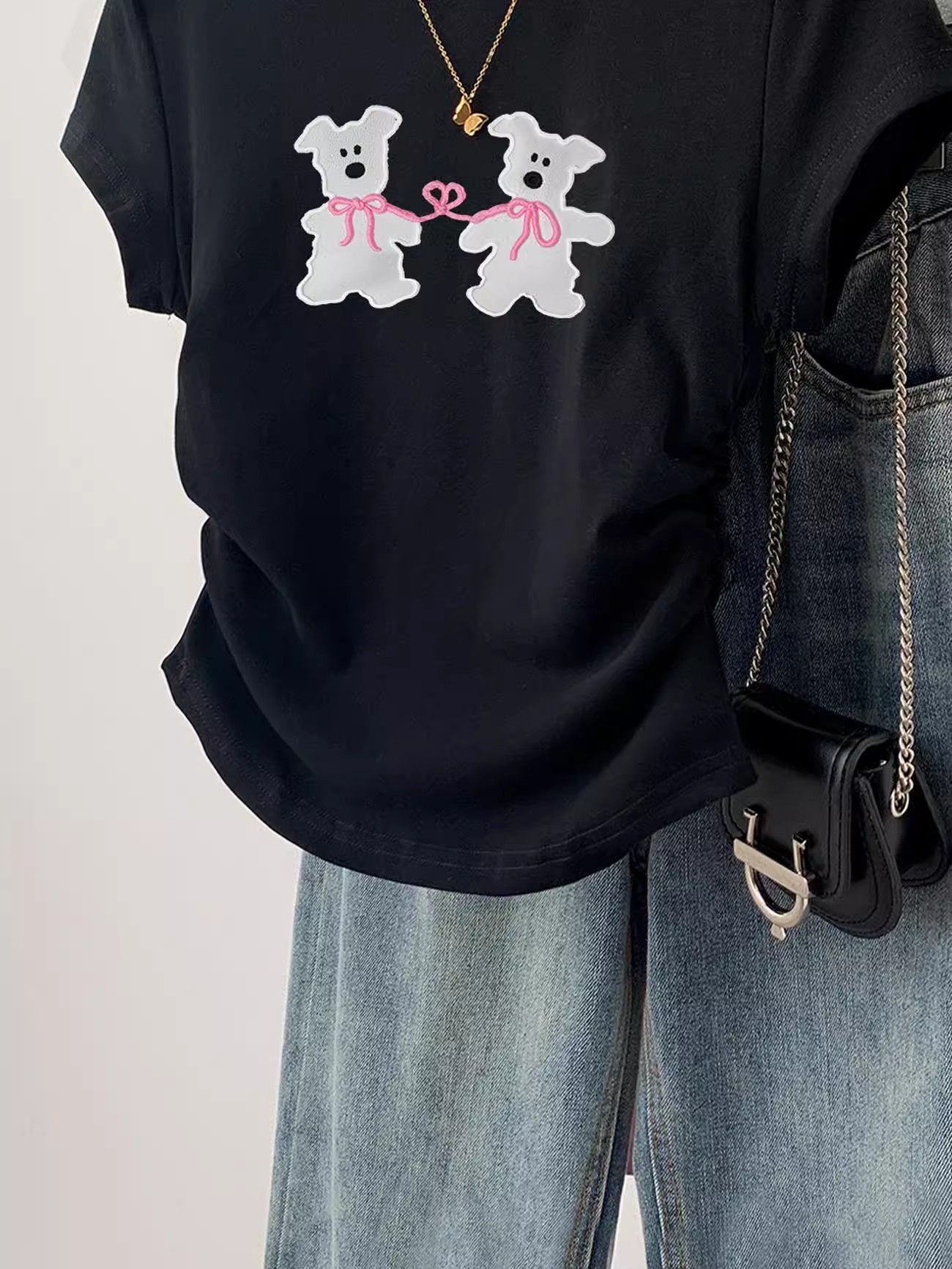 1*1纯棉 高弹力】褶皱收腰小飞袖短袖t恤女夏季新款修身T恤