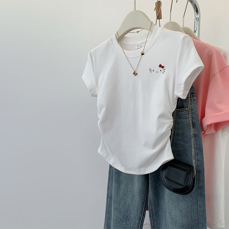 1*1纯棉 高弹力】褶皱收腰小飞袖短袖t恤女夏季新款修身T恤