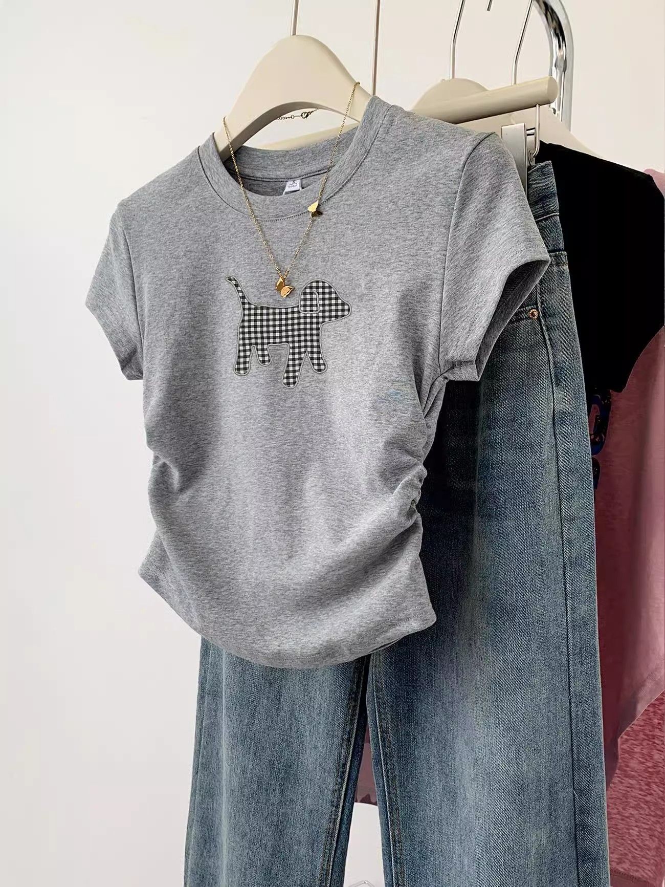 1*1纯棉 高弹力】褶皱收腰小飞袖短袖t恤女夏季新款修身T恤