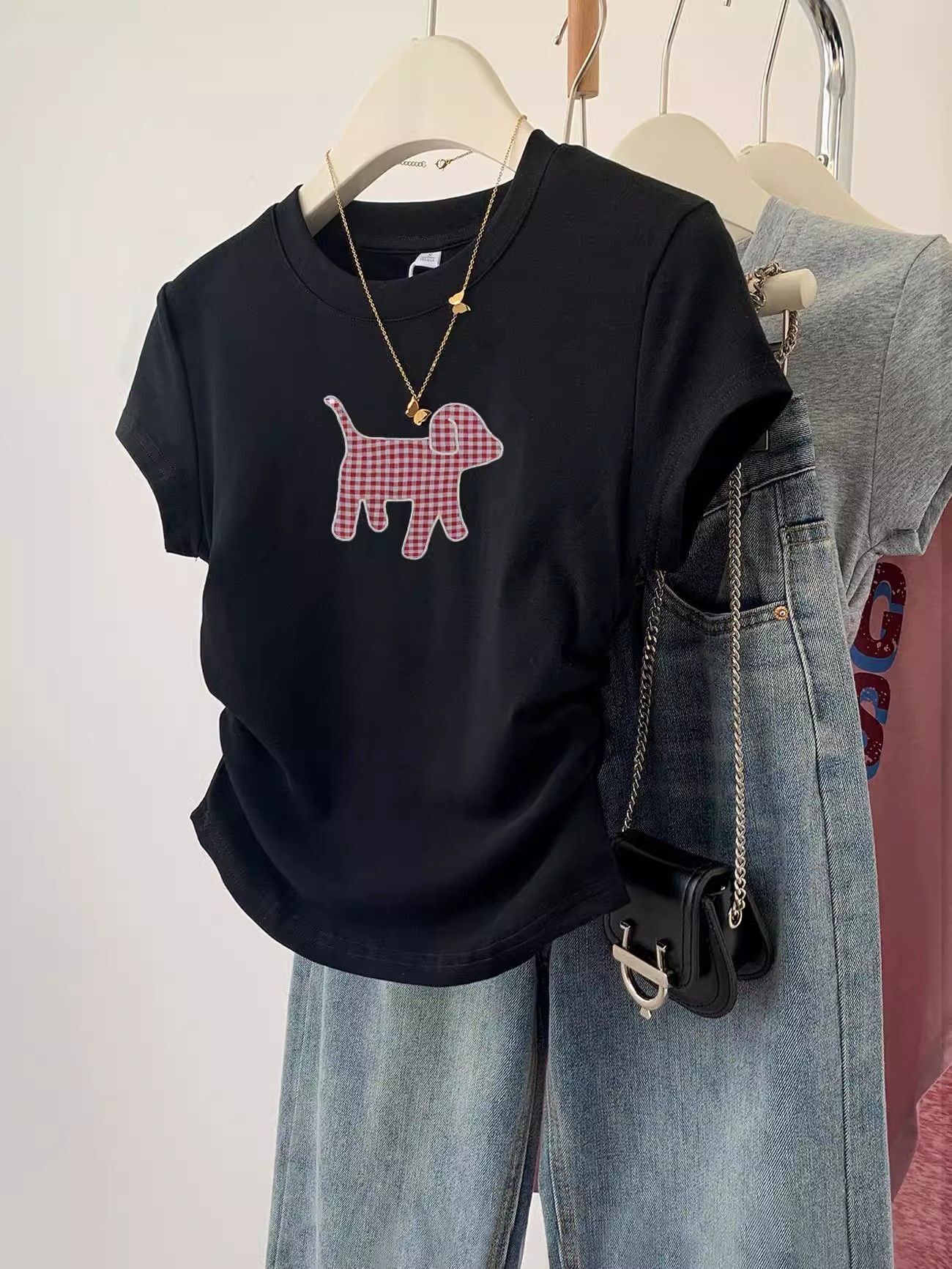 1*1纯棉 高弹力】褶皱收腰小飞袖短袖t恤女夏季新款修身T恤