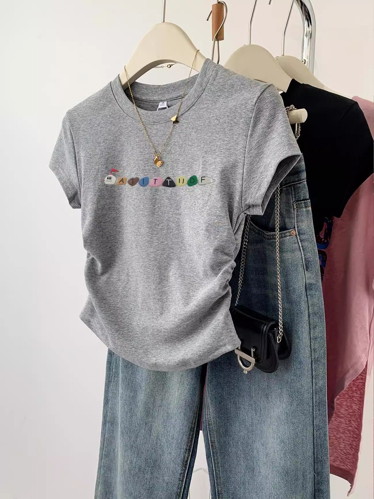 1*1纯棉 高弹力】褶皱收腰小飞袖短袖t恤女夏季新款修身T恤