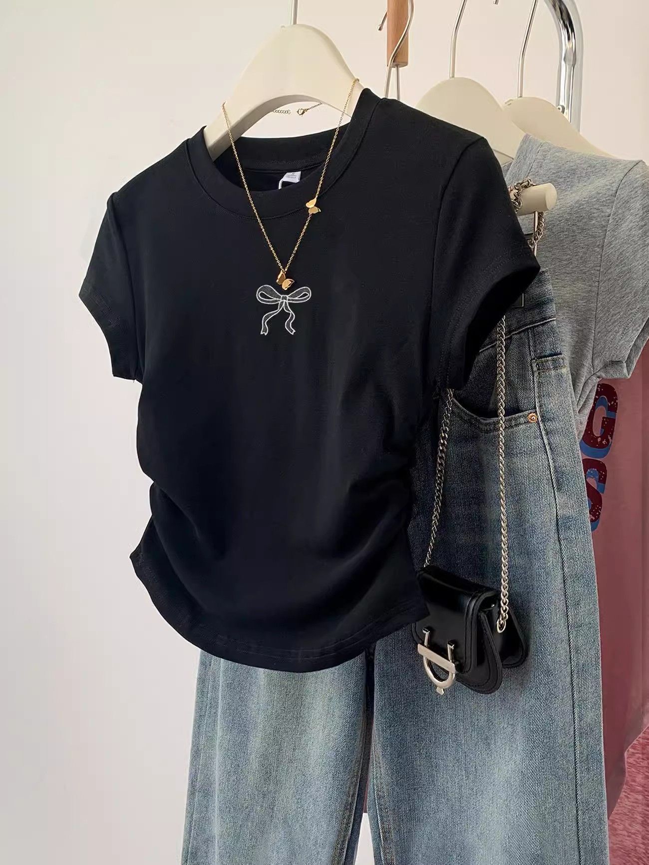 1*1纯棉 高弹力】褶皱收腰小飞袖短袖t恤女夏季新款修身T恤 1*1纯棉 高弹力】褶皱收腰小飞袖短袖t恤女夏季新款修身T恤