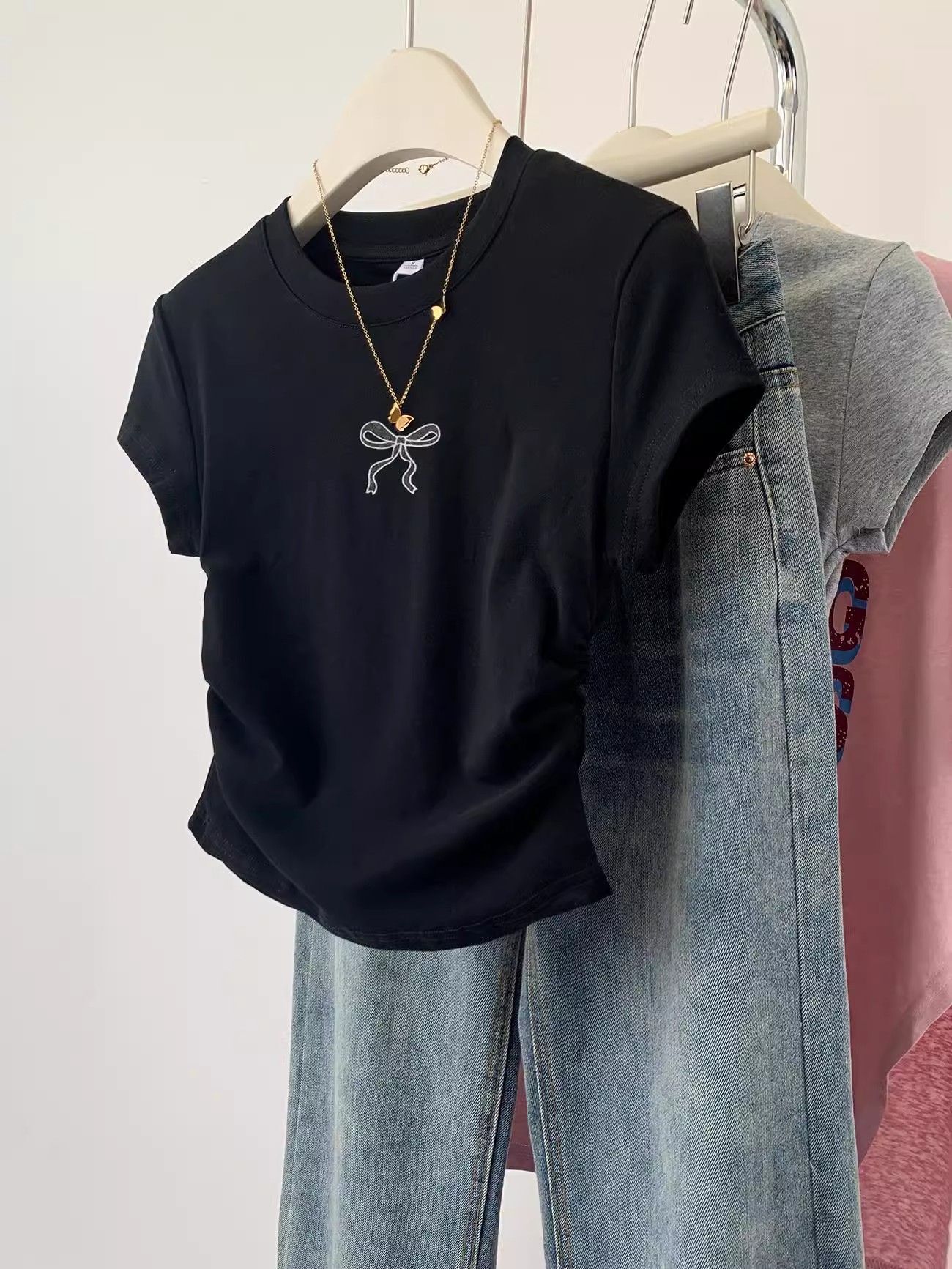 1*1纯棉 高弹力】褶皱收腰小飞袖短袖t恤女夏季新款修身T恤